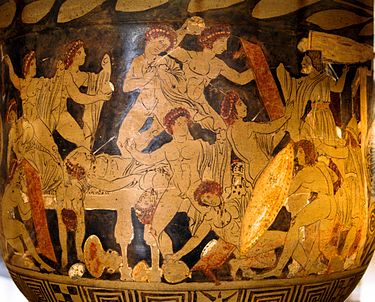 The slaying of Penelope's suitors, depicted by an unknown artist in circa 330 BCE Mnesterophonia Louvre CA7124.jpg