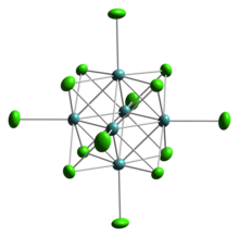 Structure of [M6Cl14] (M = Mo or W). Mo6Cl14-anion-from-xtal-2008-CM-3D-ellipsoids.png