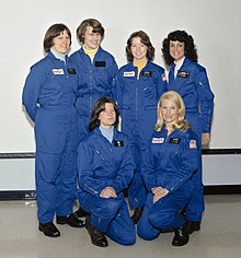 The first NASA women astronauts. Back row, left to right: Kathryn Sullivan, Shannon Lucid, Anna Fisher, Judith Resnik. Front row, left to right: Sally Ride and Rhea Seddon. NASA astronaut class 1978 women.jpg