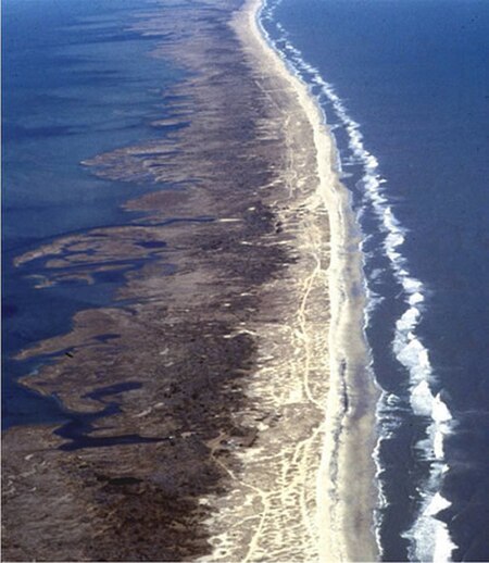 Aerial view of Outer banks (looking north), with sound on the left and ocean on the right