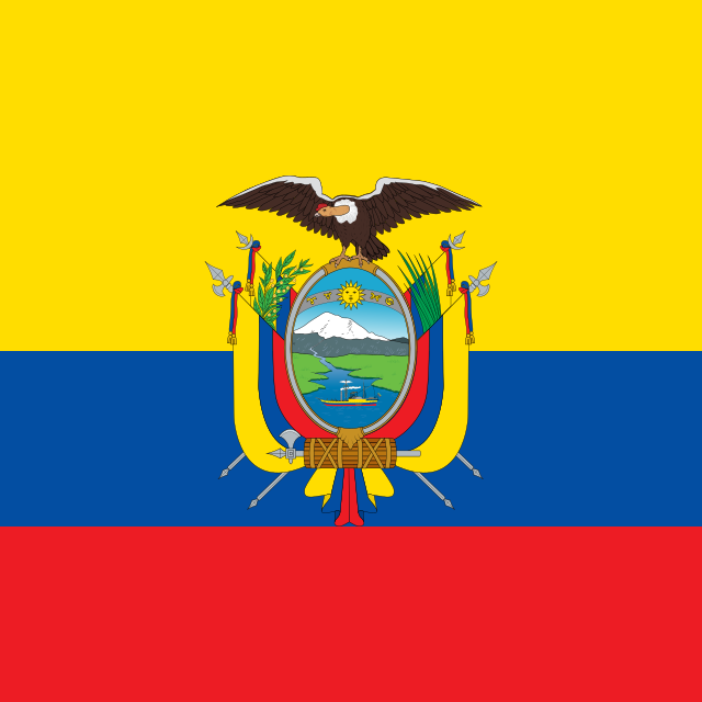 Imagem da bandeira presidencial. Tem o brasão de armas equatoriano com um fundo tricolor em amarelo, azul e vermelho.