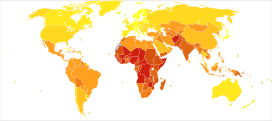 Statistics from WHO (2012) for neonatal conditions. Deaths per million persons grouped by deciles   5-19   20-31   32-56   57-104   105-161   162-272   273-565   566-820   821-1088   1089-1794 * The following groupings/assumptions were made: ** France includes the overseas departments as well as overseas collectivities. ** The United Kingdom includes the Crown dependencies as well as the overseas territories. ** The United States of America includes the insular areas. ** The Netherlands includes Aruba and the Netherlands Antilles. ** Denmark includes Greenland and the Faroe islands.