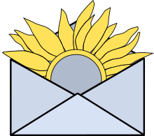 Ein geöffneter Briefumschlag, aus dem eine Sonnenblume herausragt, das Logo der Technischen Wünsche