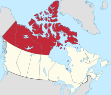 The three territories of Northern Canada (red) Northern territories in Canada.svg