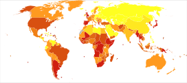 Disability-adjusted life years (DALY) lost from Other respiratory diseases in 2012 per million persons.   594-1,699   1,733-1,733   1,736-1,813   1,874-1,979   1,981-2,072   2,078-3,025   3,042-3,195   3,209-3,807   3,819-4,564   4,606-8,310 * Countries are divided approximately by population into ten groups. * Dependencies of France, United Kingdom, United States of America, The Netherlands and Denmark are grouped with their respective countries.