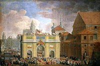 Triumfalny wjazd Augusta III do Warszawy przez łuk triumfalny na Krakowskim przedmieściu w 1734. W tle Kościół św. Anny, wieża Sobieskiego