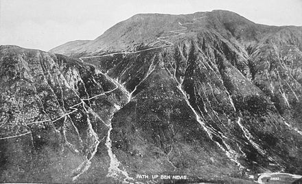 An old postcard view showing the path up Ben Nevis