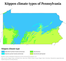 Koppen climate types in Pennsylvania, showing that the climate of the state is a primarily warm summer humid-continental in the north and primarily humid subtropical with patches of oceanic in the south. Pennsylvania Koppen.png