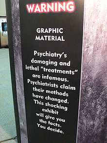 Warning sign at Psychiatry: An Industry of Death, a Scientology-run exhibit in Los Angeles Piod museum warning.jpg