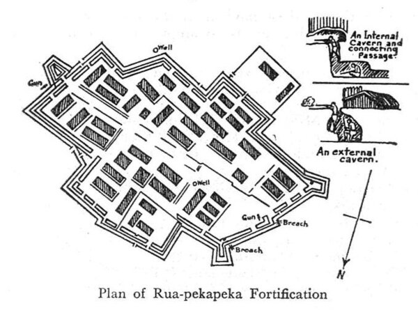 Plan of Ruapekapeka Pā, an elaborate and heavily fortified Ngāpuhi innovation, which James Belich has argued laid the groundwork for or essentially in