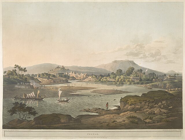 A watercolor painting of Pune from the late Peshwa era as seen from the confluence of the Mula and Mutha rivers, by British artist Henry Salt. The pic