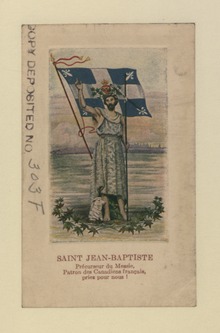 Saint John the Baptist as an allegory of the Canadian people holding the Carillon-Sacre-Coeur in a prayer card. Prayer card with picture of John the Baptist recto (HS85-10-303F-r) original.tif