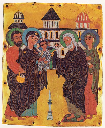 Presentation of Jesus at the Temple, 12th century cloisonné enamel icon from Georgia