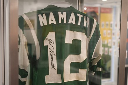 Namath's signed New York Jets #12 jersey on display at the Pro Football Hall of Fame in Canton
