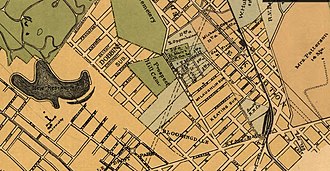 Map of the Edgewood neighborhood in 1890, showing Prospect Hill Cemetery and the completed portions of North Capitol Street (except those through the Barbour estate and cemetery). Prospect Hill Cemetery map 1890.jpg