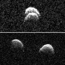 Radar images of binary asteroid 2017 YE5 (2018-06-23, -25).gif