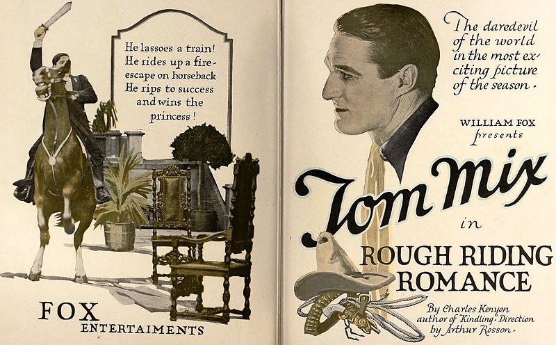  Ad for the American western film Rough-Riding Romance (1919) with Tom Mix, on pages 1358 and 1359 of the August 16, 1919 Motion Picture News.