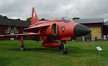 This AJS 37 was painted red in 1999 for the last years of Viggen sorties at F 10 Angelholm. SAAB J-37 Viggen special red version.jpg