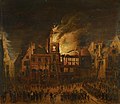 Brand van het Oude Stadhuis op de Dam. Schilderij uit 1683 van Gerrit Lundens (1622-1686).