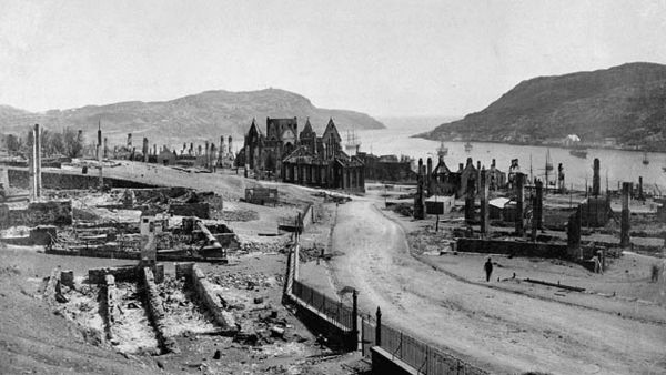 St. John's shortly after the Great Fire of 1892. The fire destroyed a significant portion of the city.