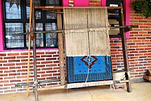 Knotted rug in progress at the rug cooperative of San Pedro Abajo, Temoaya SampleRugTemoaya.JPG