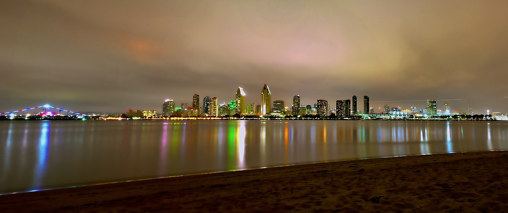 Downtown San Diego skyline at night, seen from Coronado, in May 2016