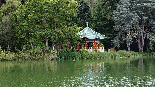 The pagoda of Strawberry Hill near the shore of Stow Lake in the Golden Gate Park in San Francisco, California, United States.