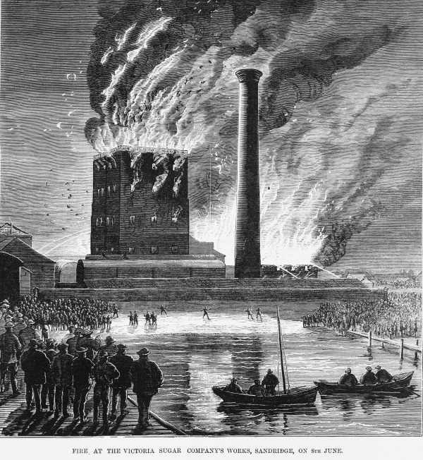 Fire at the Sandridge sugarworks in 1875
