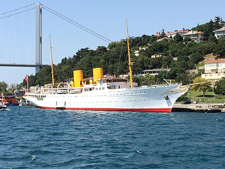 Turkish state yacht, Savarona in 2014, a steam-turbine yacht re-engined with diesels