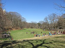 Preparations for a spring game of quidditch Setting up for Quidditch, Wellesley College, Wellesley MA.jpg