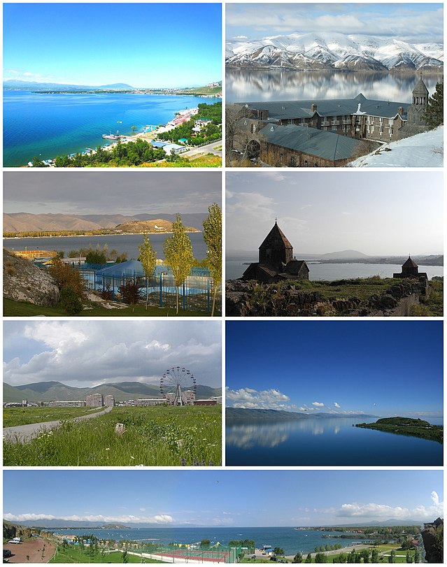 Da esquerda à direita e de cima para baixo: Parque Nacional de Sevã, Academia Teológica Vaskenian, ilha de Sevã, Mosteiro de Sevã, Perfil de Sevã, lago Sevã, vista panorâmica da praia de Sevã