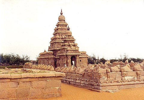 The 7th to 8th-century Shore Temple at Mahabalipuram is a UNESCO World Heritage site. It features thousands of Shaivism-related sculptures.[75]