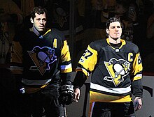 Crosby and Evgeni Malkin (left) became the cornerstone players of the Pittsburgh Penguins in the mid-2000s, earning the nickname "The Two-Headed Monster".