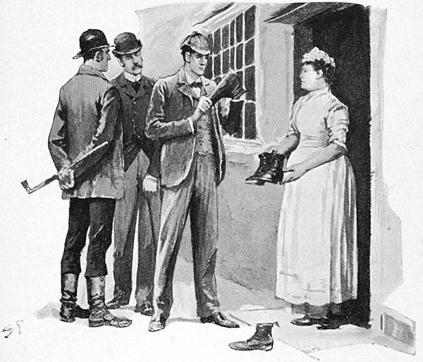 Consulting detective Sherlock Holmes examines a suspect's boots in an illustration to the 1891 story "The Boscombe Valley Mystery"