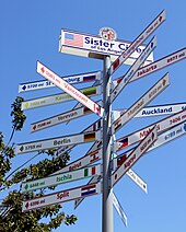 A sign near City Hall points to the sister cities of Los Angeles. Sister cities of Los Angeles.jpg