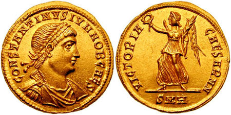 Виктория на реверсе золотой монеты времён Константина II