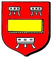 Gules, a fess humette or, between three trestles, argent