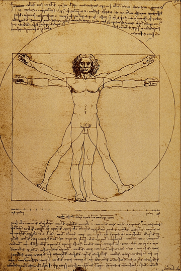 Leonardo da Vinci's 'Vitruvian Man' (ca. 1487) is often used as a representation of symmetry in the human body and, by extension, the natural universe.