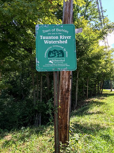 A sign in Berkley, MA indicates that "You are in the Taunton River Watershed"