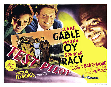 Lobby card with Clark Gable and Myrna Loy in Test Pilot (1938), one of the three enormously successful films that fixed Gable and Tracy as a team in the public imagination.