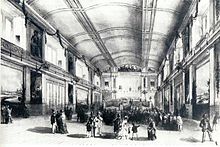 Overzicht van de expositie uit 1852 in de grote Parkzaal aan de Plantage Middenlaan door Paul Tetar van Elven, met links het werk van Springer.