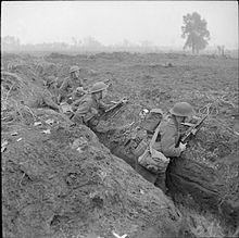 Infantrymen of the 1/5th Battalion, Queen's Royal Regiment occupy a captured German trench at Laar during the drive on Hertogenbosch, Holland, 24 October 1944. The British Army in North-west Europe 1944-45 B11227.jpg