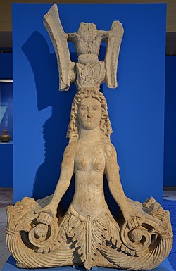 Bosporan variant of the Tendril-Legged Goddess from the 1st to 2nd century AD The Mixoparthenos (half-maiden), a hybrid creature from the Black Sea, limestone sculpture, 1st-2nd century AD, from Panticapaeum, Taurica (Crimea) (12852697335).jpg