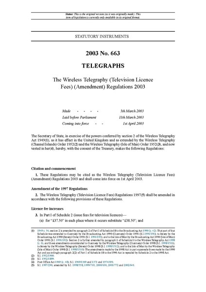 File:The Wireless Telegraphy (Television Licence Fees) (Amendment) Regulations 2003 (UKSI 2003-663).pdf