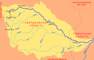 Location of the (Салда́) as a tributary of the Tagil (Таги́л) in the catchment area of ​​the Tura