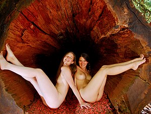 Two nude women in a hollow tree trunk, Bagby Hot Springs, Oregon - 20070829.jpg