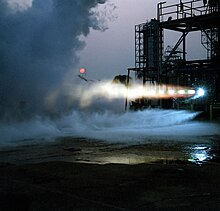 A National Launch System engine being test-fired at NASA's Stennis Space Center Nationallaunchsystem.jpg