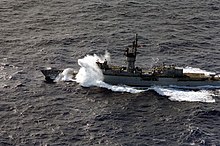 Badger in heavy seas in 1985. USS Badger (FF-1071) in heavy seas.jpg