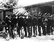 U.S. Marines in China during the Boxer Rebellion; Marines from Yorktown participated in operations at Tientsin, June-July 1900. US Marines in China 1900 HD-SN-99-01986.jpg