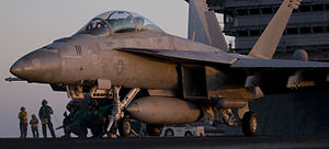 US Navy 120126-N-TZ605-437 An F-A-18F Super Hornet assigned to Strike Fighter Squadron (VFA) 22 prepares to launch on the flight deck aboard the Ni.jpg